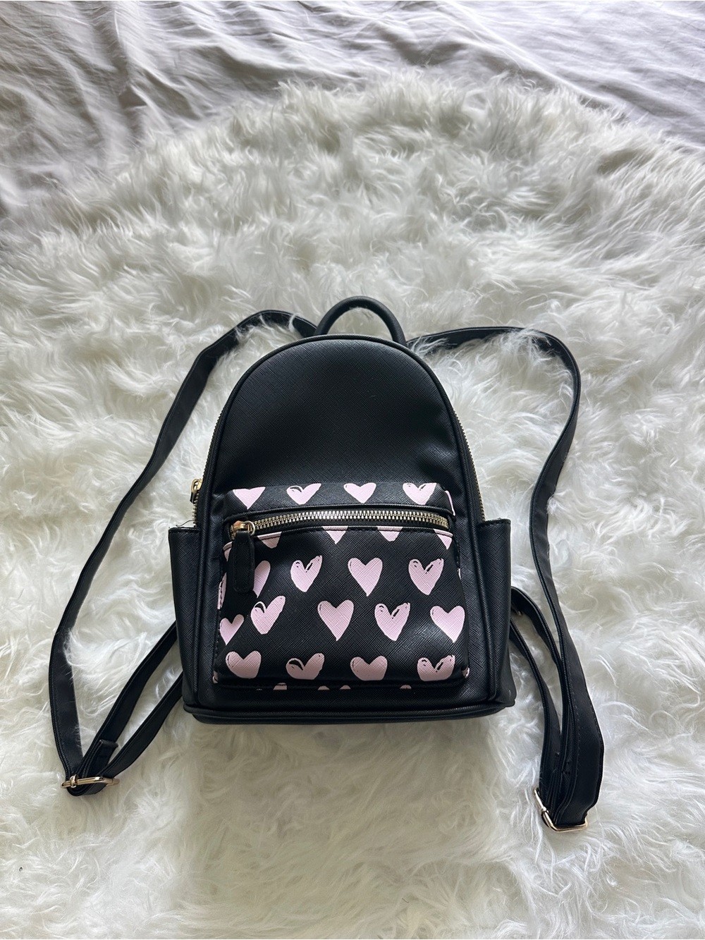 Mini Black Backpack with Pink Heart Print